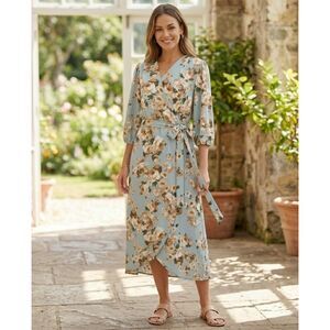 Connected apparel Blue Floral Faux Wrap Midi Dress Size 10 NWOT